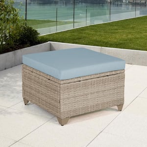 Maui Wicker Outdoor Ottoman with Sky Blue Cushion