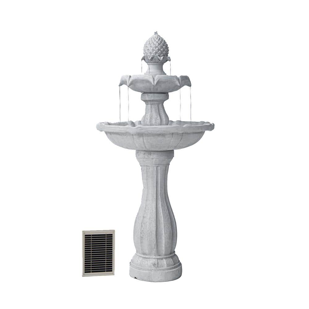 XBRAND 44 in H 2-Tier White Fiberglass/Resin Solar Water Fountain w/Solar Panel and Auto-Shut Off Pump, Solar Garden Fountain