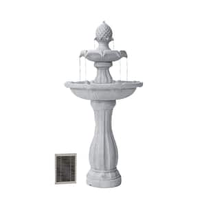 44 in H 2-Tier White Fiberglass/Resin Solar Water Fountain w/Solar Panel and Auto-Shut Off Pump, Solar Garden Fountain