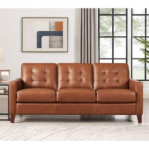 Aiden 79.5 in. Square Arm Top Grain Leather Rectangle 3-Seater Sofa in. Cinnamon Brown