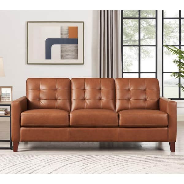 Hydeline Aiden 79.5 in. Square Arm Top Grain Leather Rectangle 3-Seater Sofa in. Cinnamon Brown