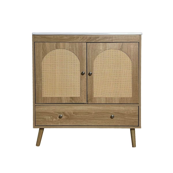 30 in. Freestanding Oak Bath Vanity with 3-Hole White Ceramic Top Unassembled, Rustic Open-Front Boho Design