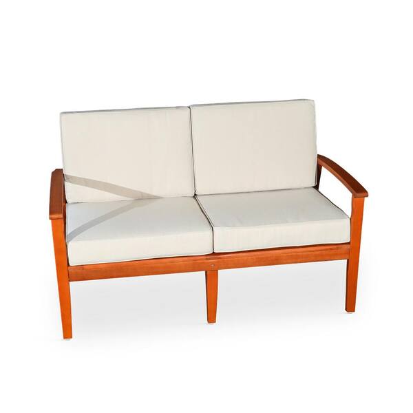ITOPFOX 53 in. W Natural Wood Outdoor Dining Bench, Patio Loveseat with White Cushions, Arms
