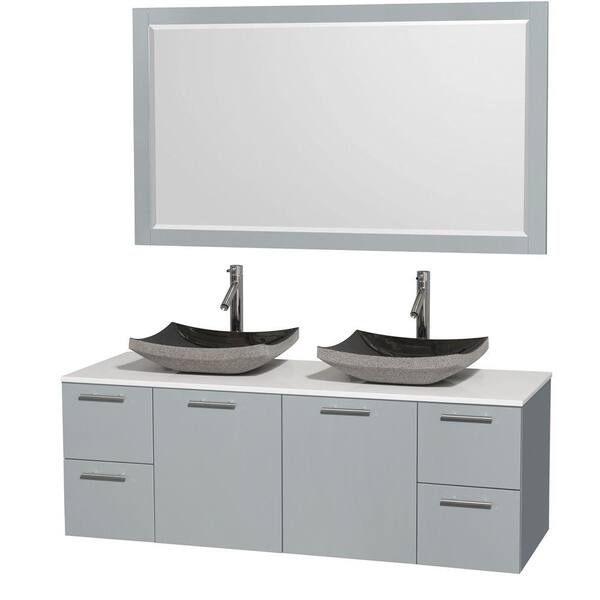 Wyndham Collection Amare 60 in. W x 22.25 in. D Vanity in Dove Gray with Solid-Surface Vanity Top in White with Black Basins and Mirror