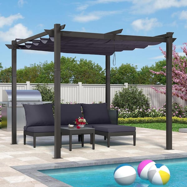 10 ft. W x 10 ft. D Modern Gray Aluminum Pergola with Navy Blue Adjustable Sun Shelter Canopy and Extra Roof Layer