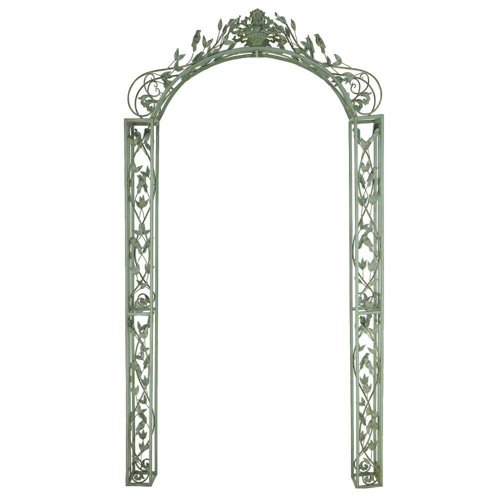 Green Wrought Iron Scrollwork Arched Garden Arbor with Bird Sculptures