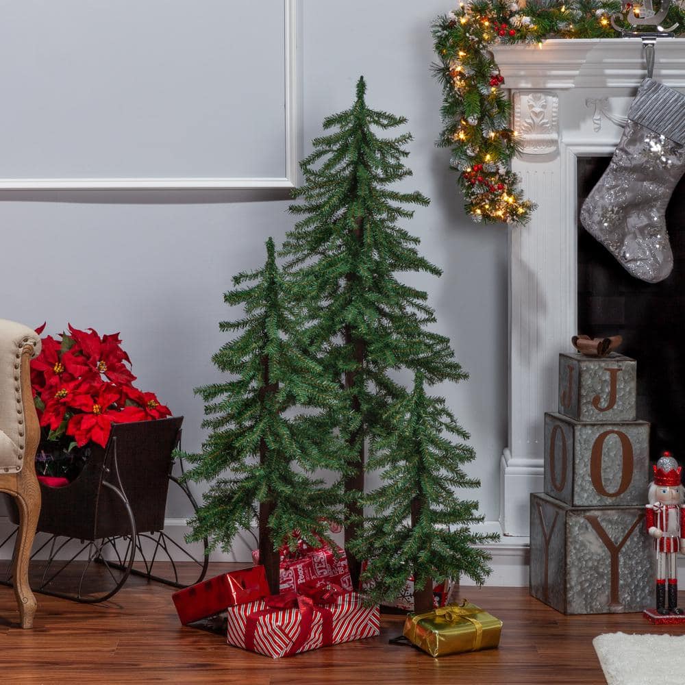 Set of 3 Unlit Green Alpine Christmas Trees with Metal Base
