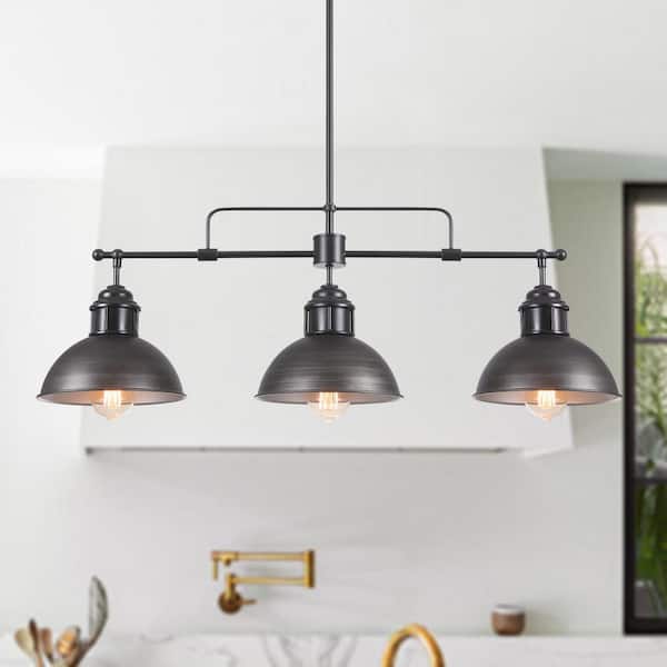 HUOKU Mateo 3-Light Black Shaded Industrial Pot Lid Pendant Light with Brushed Silver Dome Metal Shades for Kitchen Island