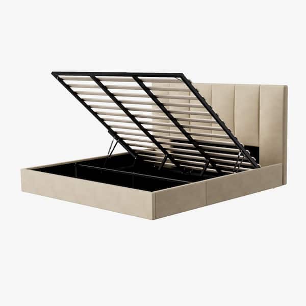 Beige Plywood Frame King Size Linen Upholstered Platform Bed with Lifting Storage