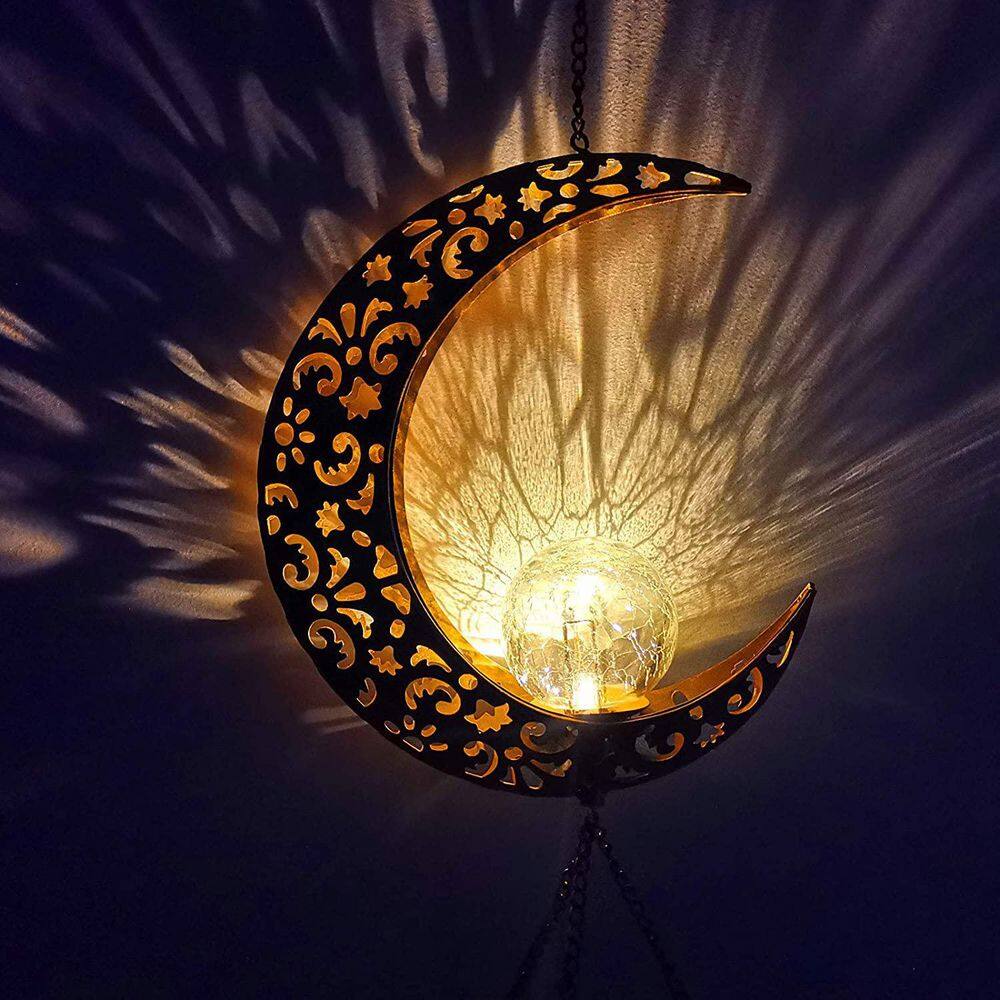 Large Brass Moon Solar Wind Chimes with LED Lights