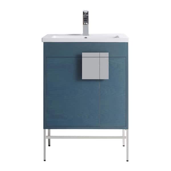 FINE FIXTURES Shawbridge 24 in. W x 18.11 in. D x 33.5 in. H Bath Vanity in French Blue with Ceramic Vanity Top in White