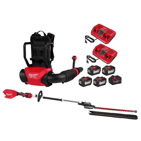 M18 FUEL 18V Brushless Cordless Dual Battery Backpack Blower Kit w/ M18 Hedge Trimmer, (5) M18 Batteries, (2) Chargers