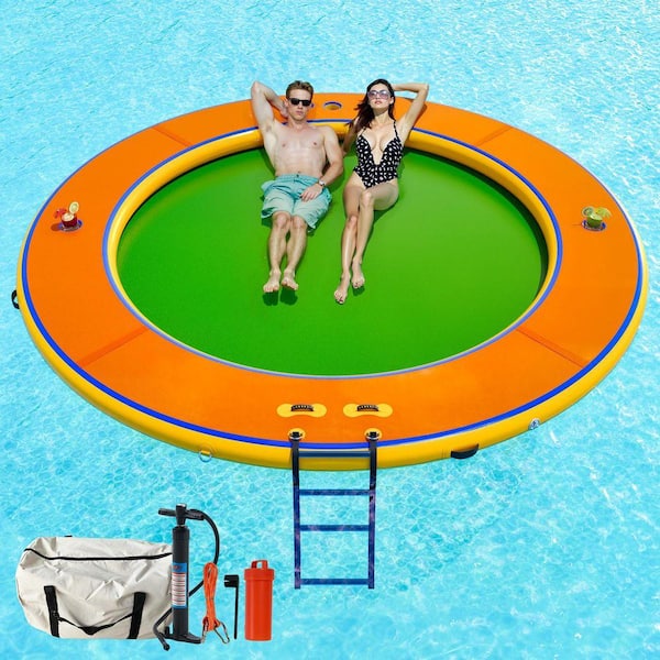 12 ft. Round Inflatable Water Hammock with Soft Ladder and Cup Holders, Heavy Duty PVC Floating Lake Raft, Orange