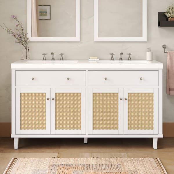 60 in. Freestanding Double Sink White Bath Vanity with White SMC Resin Top, 2 Tip-Out Trays and 4 Soft Close Doors