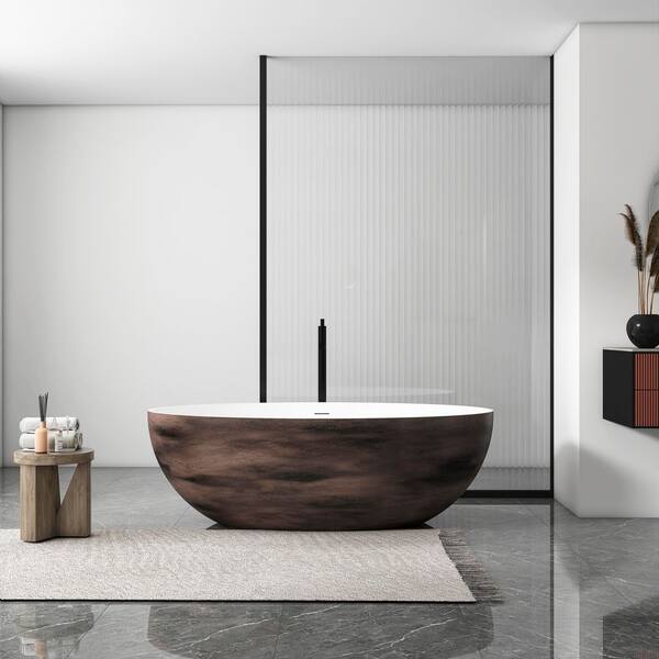 67 in. x 39 in. Artificial Stone Soaking Bathtub in White and Walnut Solid Surface with Overflow and Pop-up Drain