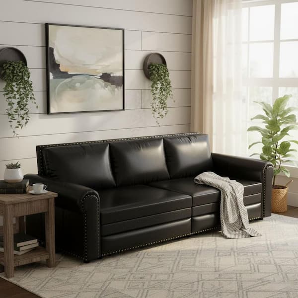 Homy Casa DBZY 93.7 in. Midnight Noir Faux Leather King Size 3-in-1 Convertible Sofa Bed with Nailhead Trim and Rolled Arms