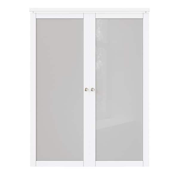 ARK DESIGN 72 in. x 80 in. 1-Lite Frosted Glass Solid Core White Finished MDF Pantry Pivot Bi-fold Door with Pivot Hardware
