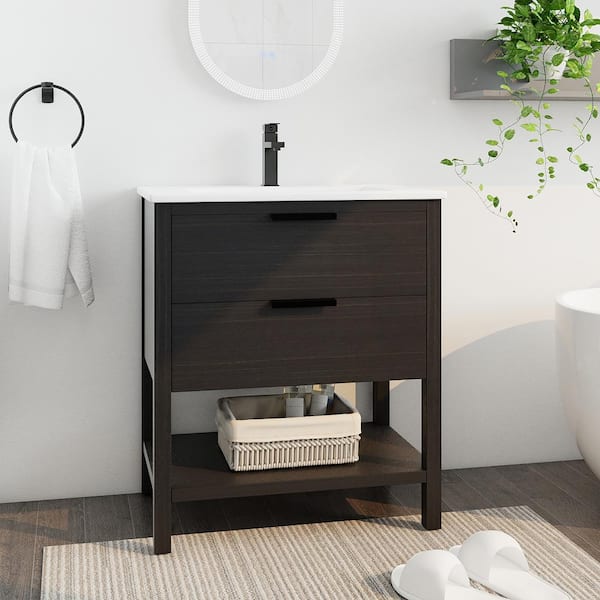 Staykiwi 30 in. W x 18.3 in. D x 34 in. H Freestanding Bathroom Vanity Set in Black with Integrated White Ceramic Top