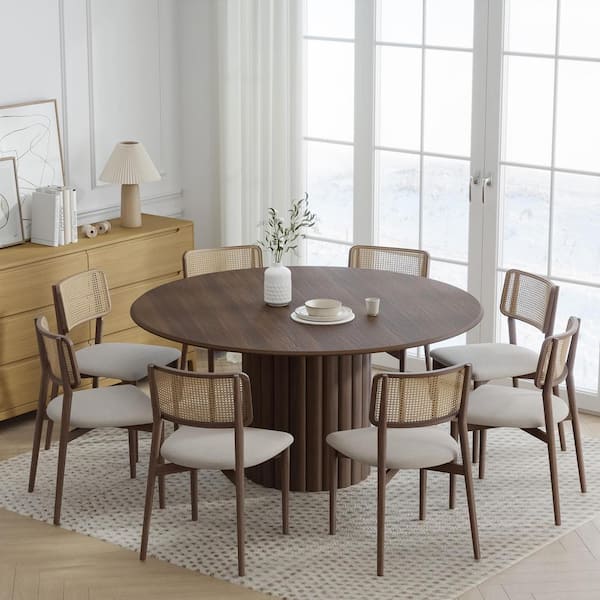 Lirago Round Walnut Wood 60 in. Column Base Dining Table Seats 6