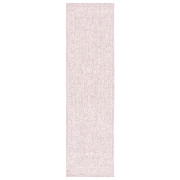 Courtyard Soft Pink/Ivory 2 ft. x 8 ft. Border Floral Scroll Indoor/Outdoor Runner Rug