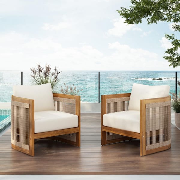 Aidan Modern Boho Patio Solid Wood and Woven Rope Outdoor Lounge Chair with Beige Cushion, Teak Finish, Set of 2