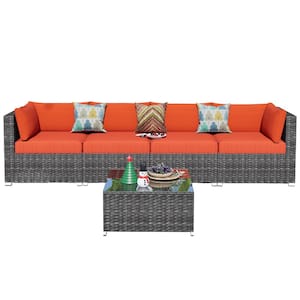 Messi Grey 5-Piece Wicker Outdoor Patio Conversation Sofa Seating Set with Orange Red Cushions