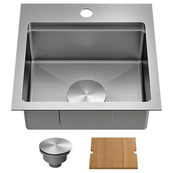 15 in. x 15 in. Undermount Stainless Steel Kitchen Sink with Foldable Tap in Silver
