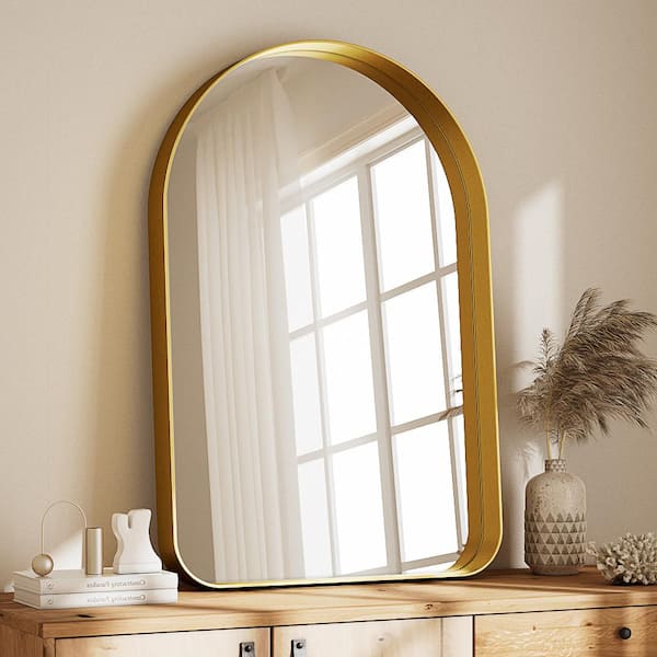 XRAMFY 26 in. W x 38 in. H Arched Gold Aluminum Alloy Deep Framed Wall Mirror