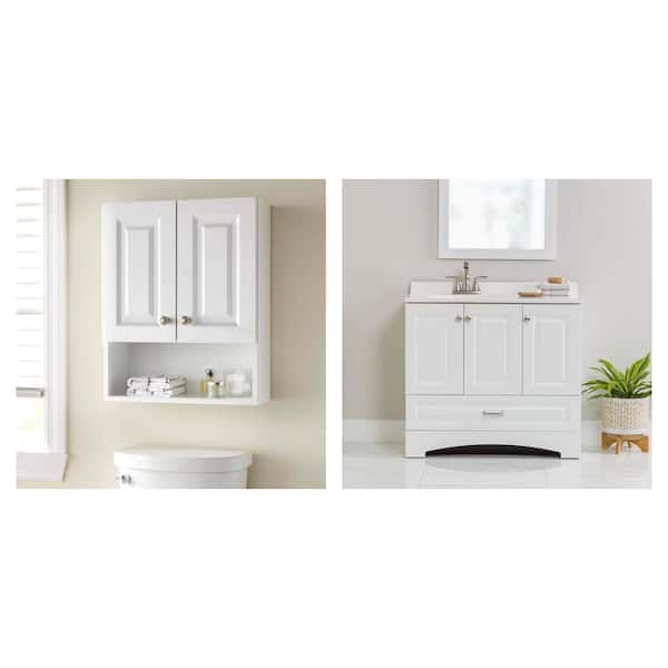 Lancaster White Wall Cabinet (21 in. x 8 in. x 26 in.) and 37 in. Single Sink Bath Vanity with Marble Top Combo