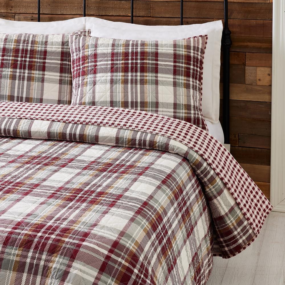 Camden Gray and Red Cotton Plaid Full Quilt Set
