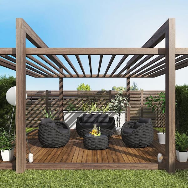 TWT Black 4-Piece Aluminum Outdoor Patio Sectional Set Rattan Conversation Sets with Dark Gray Seat Cushion and Back Cushion