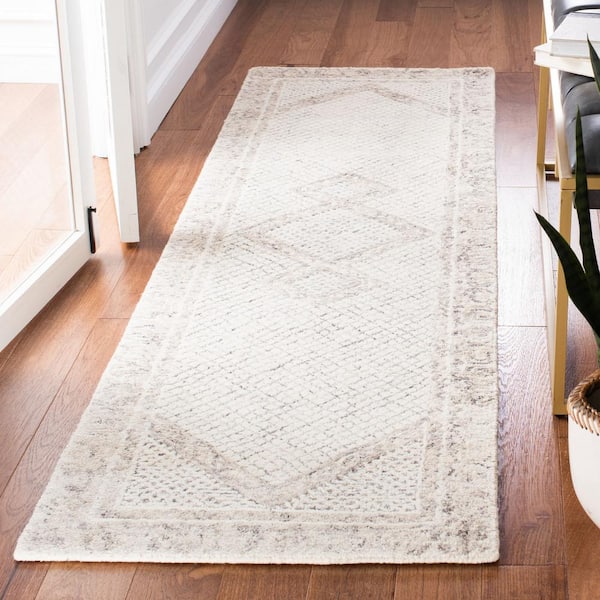 Abstract Ivory/Gray 2 ft. x 14 ft. Geometric Border Runner Rug