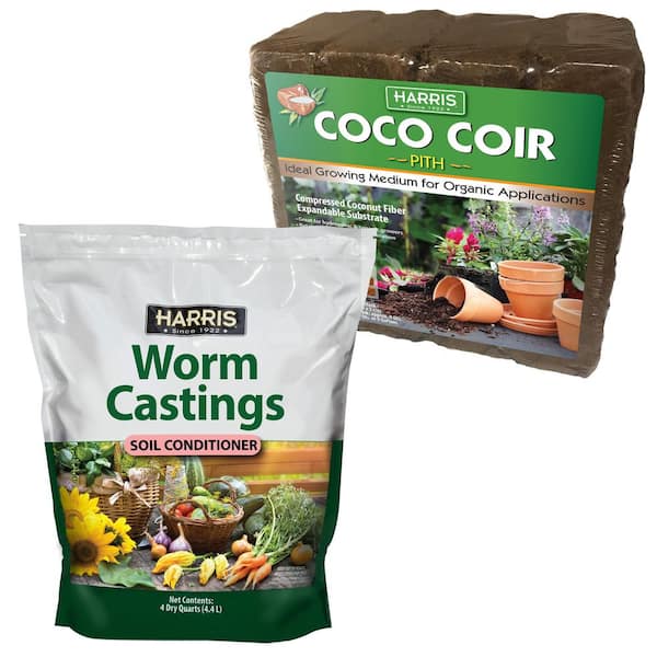 Harris 9 Gal. Expanding Coco Coir Pith (4 Brick pack) & 4 Qt. Worm Castings Premium Soil Conditioner