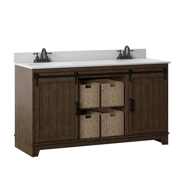 Twin Star Home 60 in.W x 22 in. D x 37.88 in. H Double Sink Bath Vanity in Saw Cut Espresso with White Marble Top and Sliding Barn Door