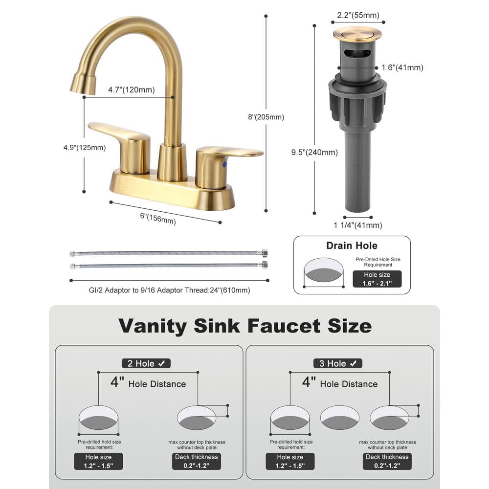 Brushed Gold Stainless Steel Double Handle High Arc Bathroom Faucet