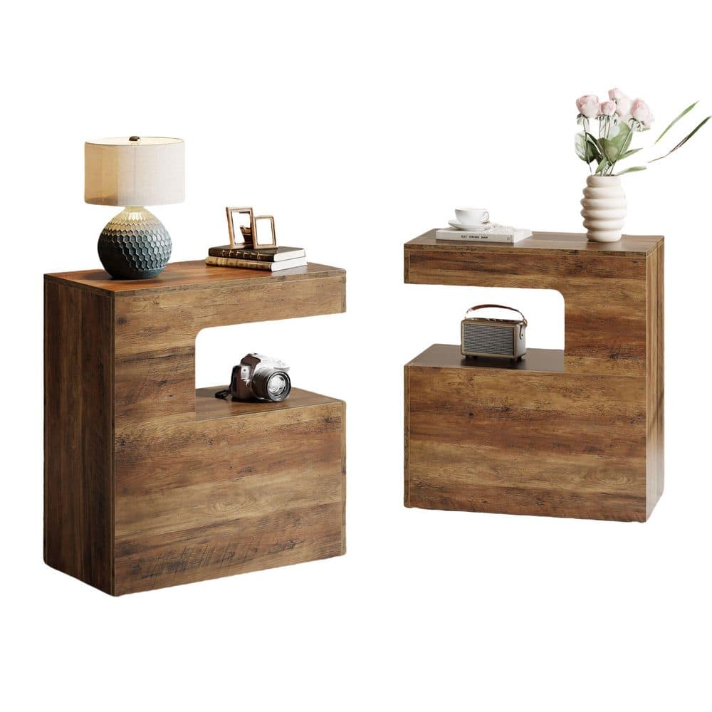 Kerlin 23.62 in. Brown Rectangle MDF End Table, Farmhouse C-Shaped Couch Side Table with 2-Tier Storage Shelf, 2PCS