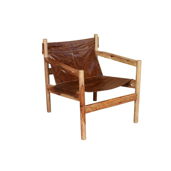Porter Designs Genoa Brown Leather And Natural Sheesham Wood Leather Sling Chair 04 108 83 174 The Home Depot