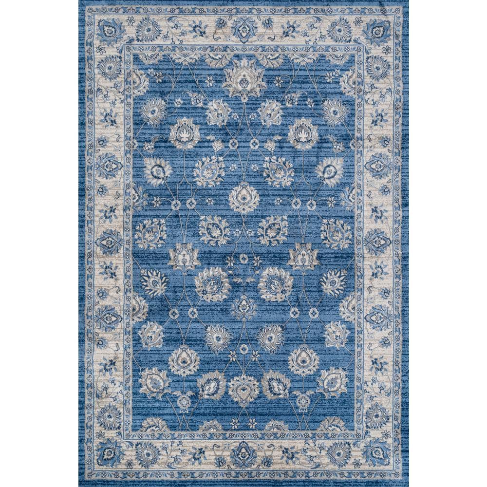 Blue and Ivory Floral Synthetic Runner Rug