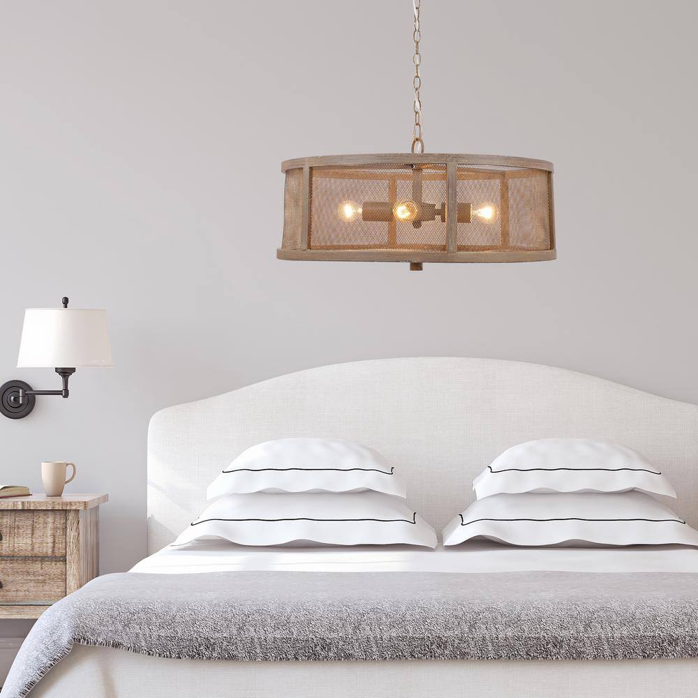 Rustic Farmhouse Woodgrain Metal Drum Chandelier with Mesh Sides