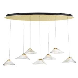 Sneer 35-Watt 7-Light Integrated LED Shaded Black and Sun Gold Pan Pendant Light with Tinted Pressed Glass Shade