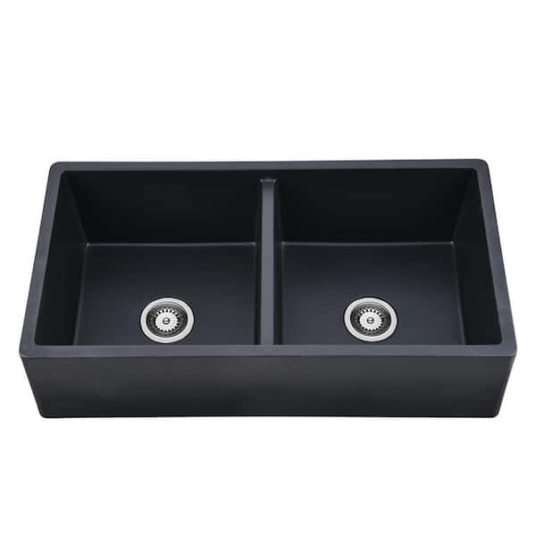 ANGELES HOME Matte Black Quartz 33 in. Double Bowl Farmhouse Apron Workstation Kitchen Sink with Faucet