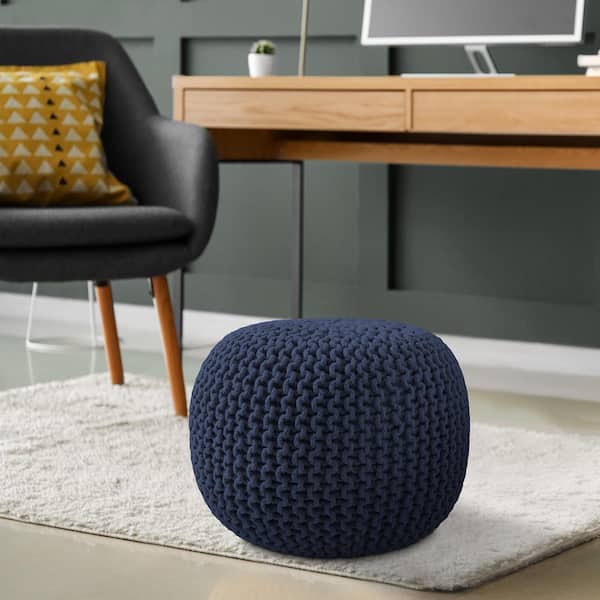 Navy Blue Knit Cotton Round 20 in. x 20 in. x 14.5 in. Pouf Foot Stool