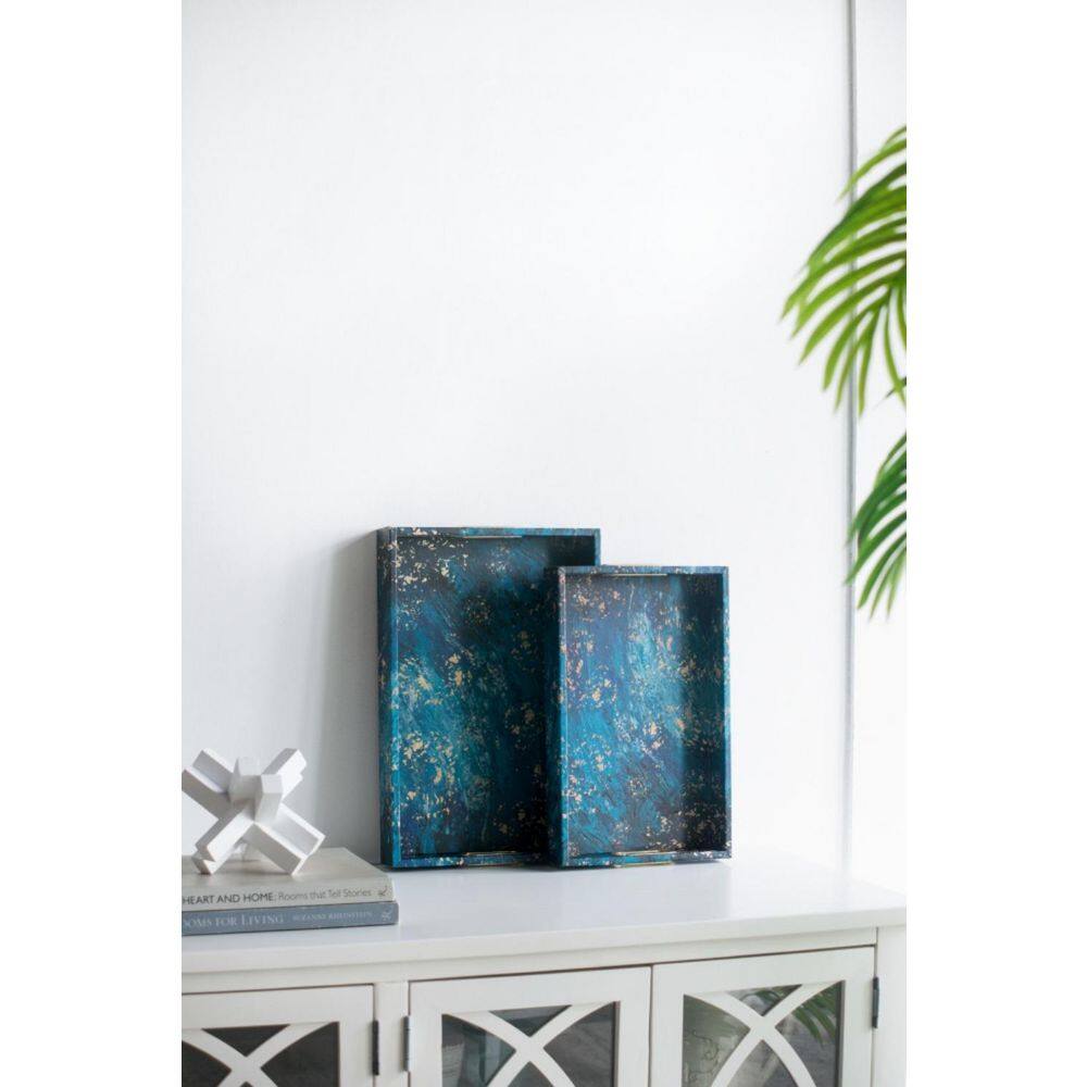A & B Home Rectangular Decorative Trays with Handles Blue (Set of 2