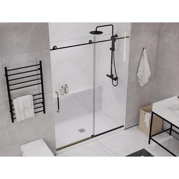 Madam Series 60 in. x 76 in. H Sliding Frameless Shower Door in Matte Black/Brushed Gold with Tsunami Guard Clear Glass