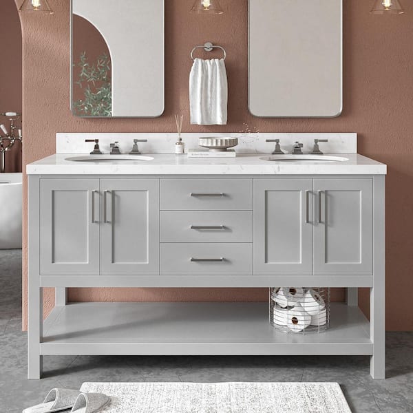 ARIEL Magnolia 60.25 in. W x 22 in. D x 36 in. H Double Sink Freestanding Bath Vanity in Grey with Carrara Qt. Top