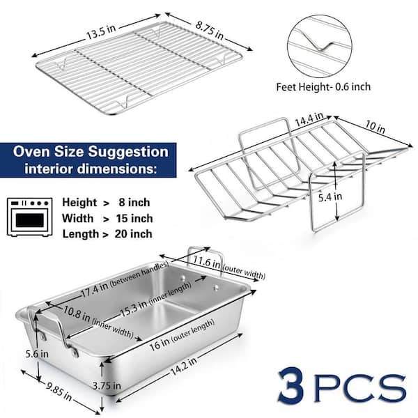 JFVKAF 16 qt. Silver Stainless Steel Roasting Pan with Rack