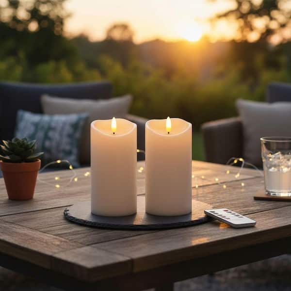 Ivory White Waterproof Flickering LED Pillar Battery Operated Flameless Candle with Remote Timer, (Set of 2) DA6D2T