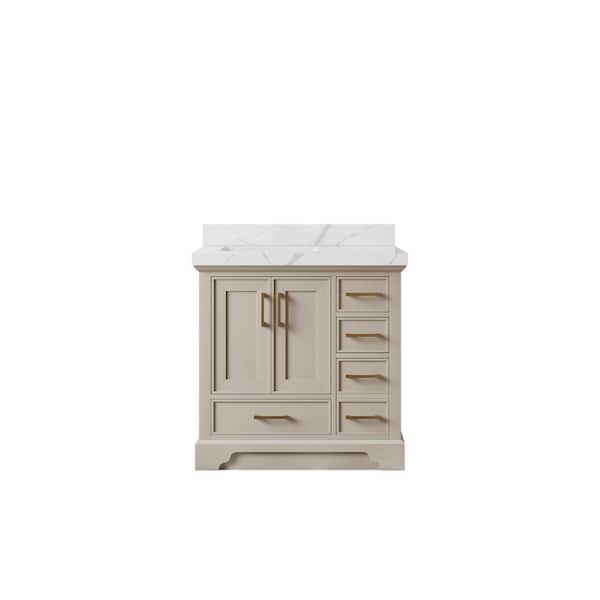 Willow Collections Charlotte 36 in. Left Offset Sink Freestanding Fine Grain Bath Vanity with Calacatta Laza Qt. Top Unassembled