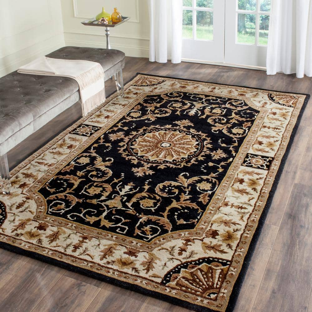 Black and Ivory Floral Wool Handmade 4' x 6' Area Rug