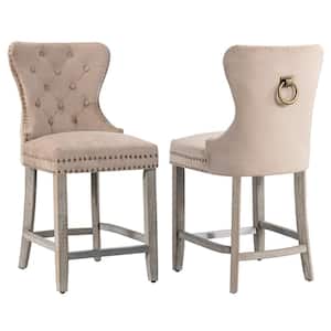 Harper 24 in. Taupe Velvet Tufted Wingback Kitchen Counter Bar Stool with Solid Wood Frame in Antique Gray (Set of 2)